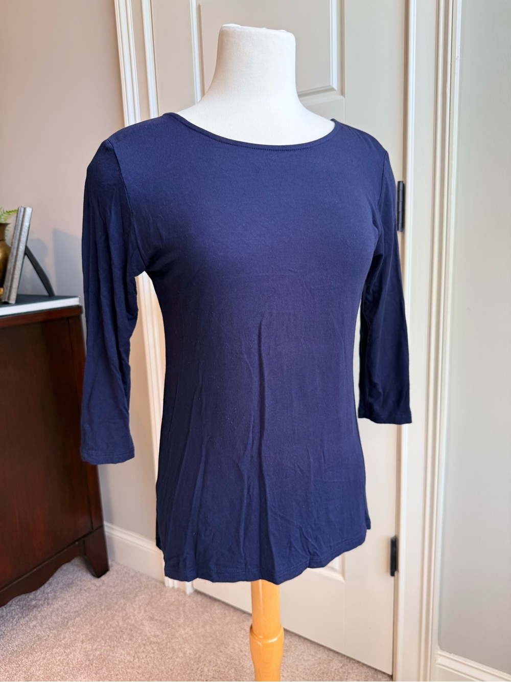 Kim & Cami Navy Scoop Neck 3/4 Sleeve Tunic with Flirty Back
